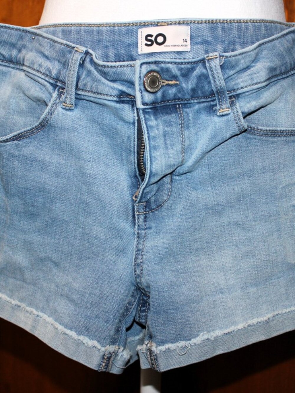 SO denim shorts, snap front, distressed
